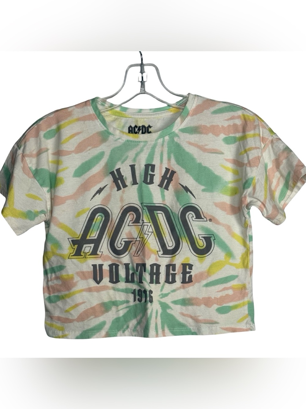 AC/DC High Voltage Womens Crop Top Pastel Tie Dye Graphic Rock Band Tee Size M